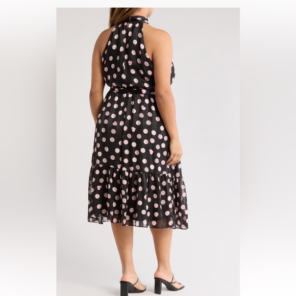 London Times Black and Pink Polka Dot High Low Dress - Picture 3 of 5